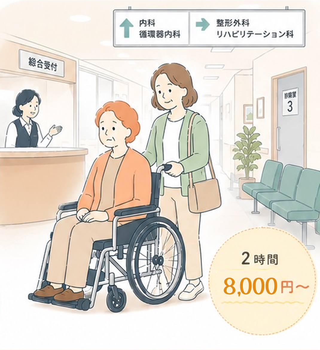 病院内で車椅子の方に付き添うイメージ